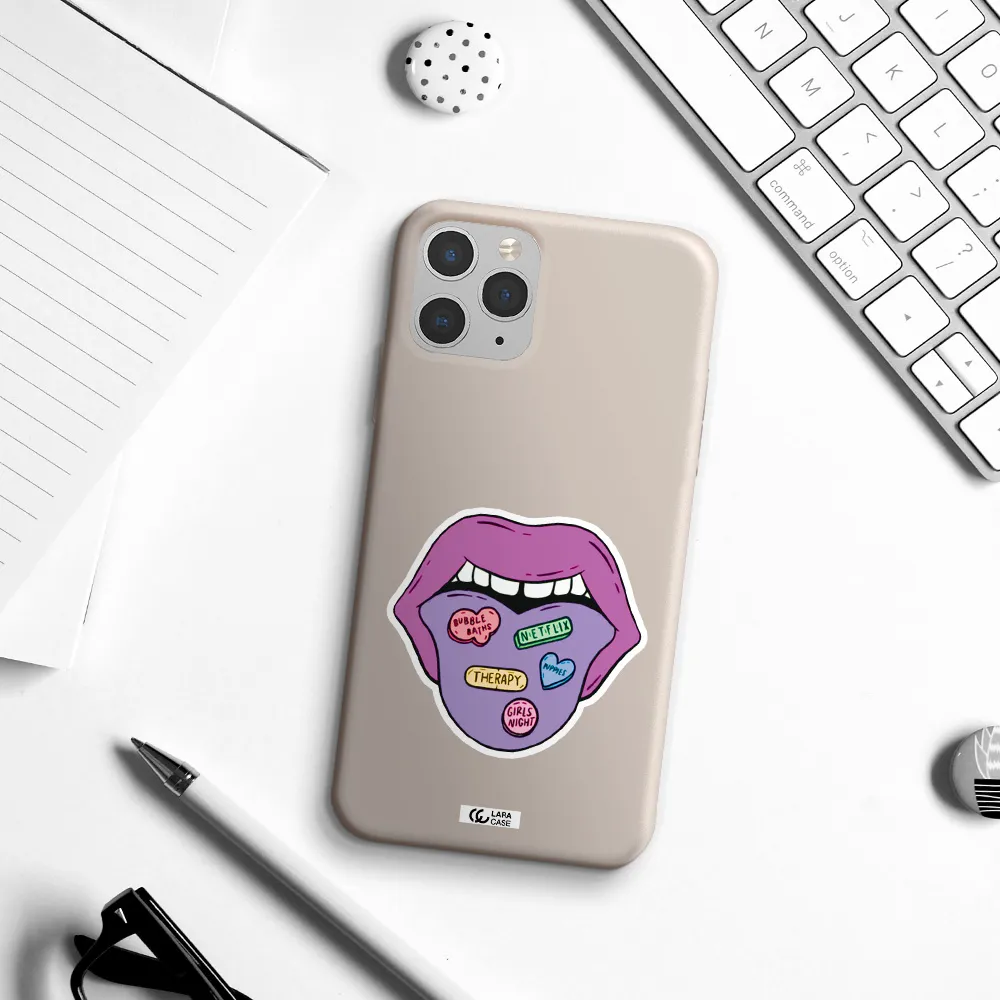 a purple lips with different colored hearts on it Apple iPhone 11 pro Silicone Stone Case
