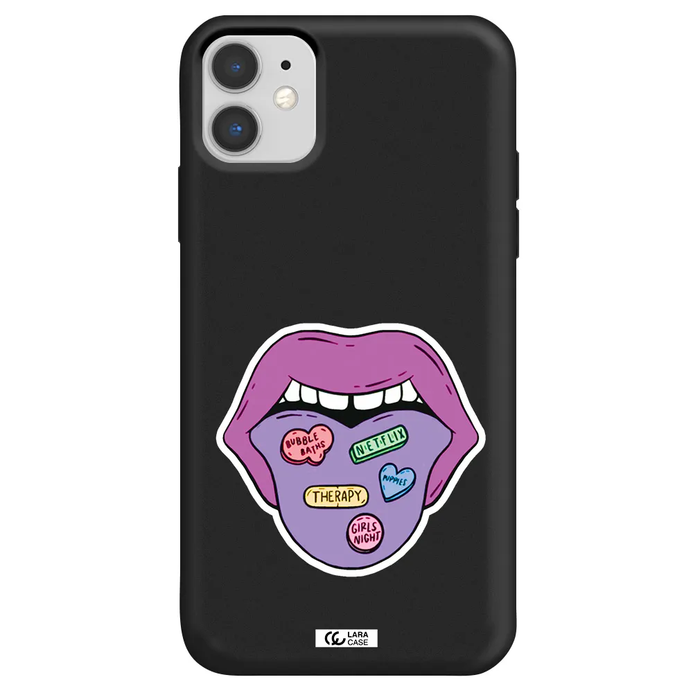 a purple lips with different colored hearts on it Apple iPhone 11 Silicone black Case