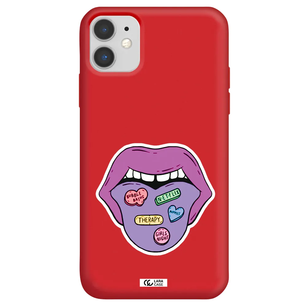 a purple lips with different colored hearts on it Apple iPhone 11 Silicone Imperial Red Case