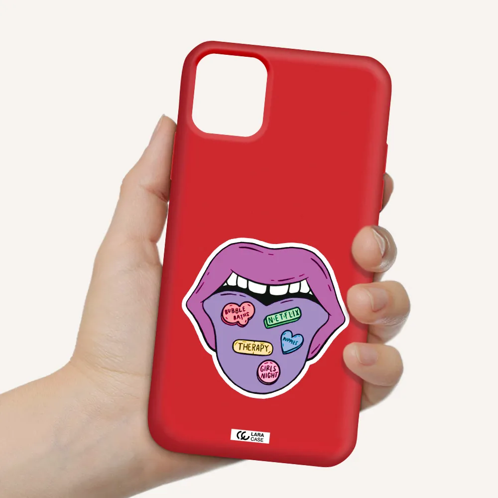 a purple lips with different colored hearts on it Apple iPhone 11 Silicone Imperial Red Case