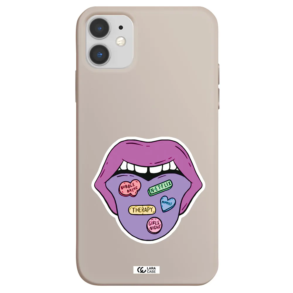 a purple lips with different colored hearts on it Apple iPhone 11 Silicone Stone Case