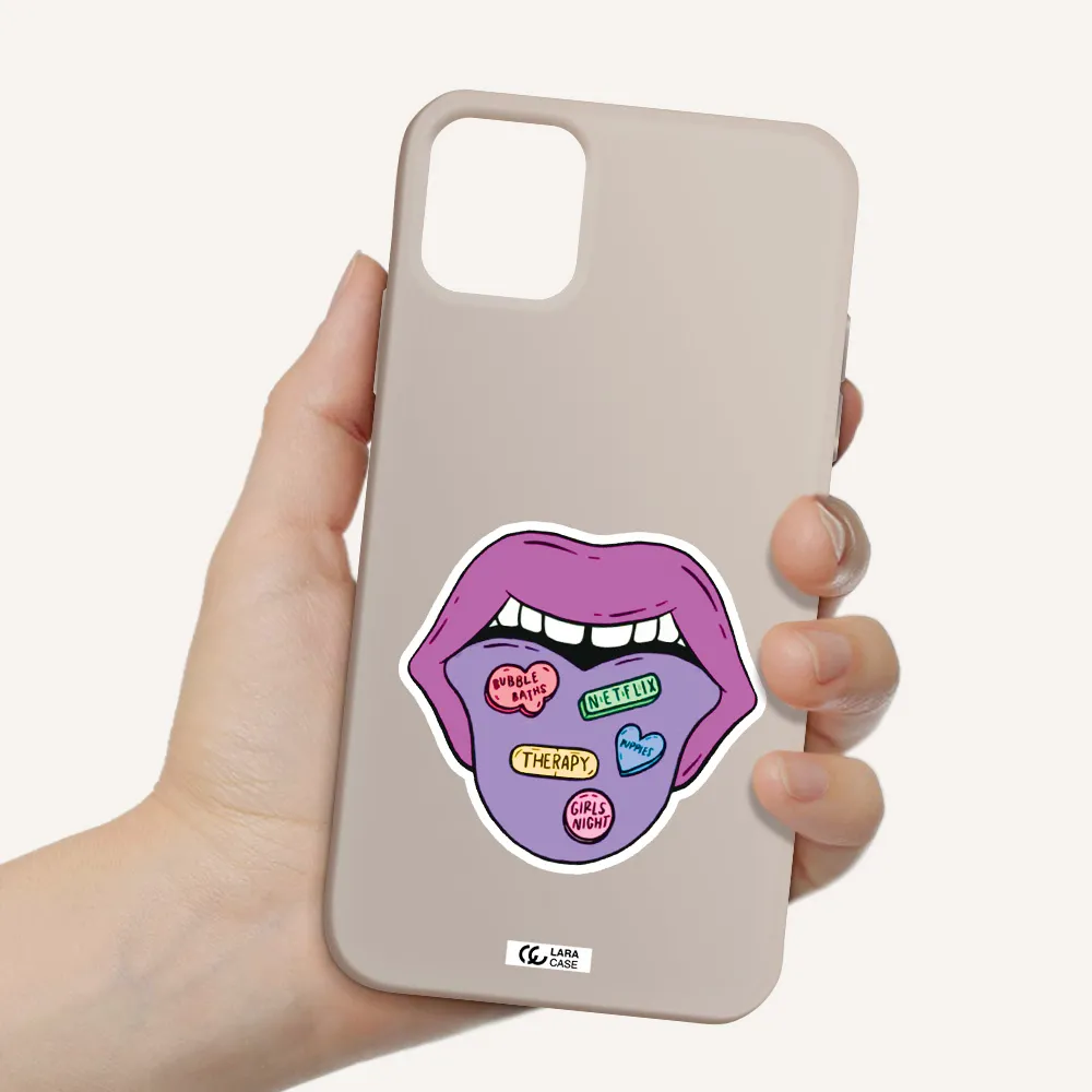 a purple lips with different colored hearts on it Apple iPhone 11 Silicone Stone Case