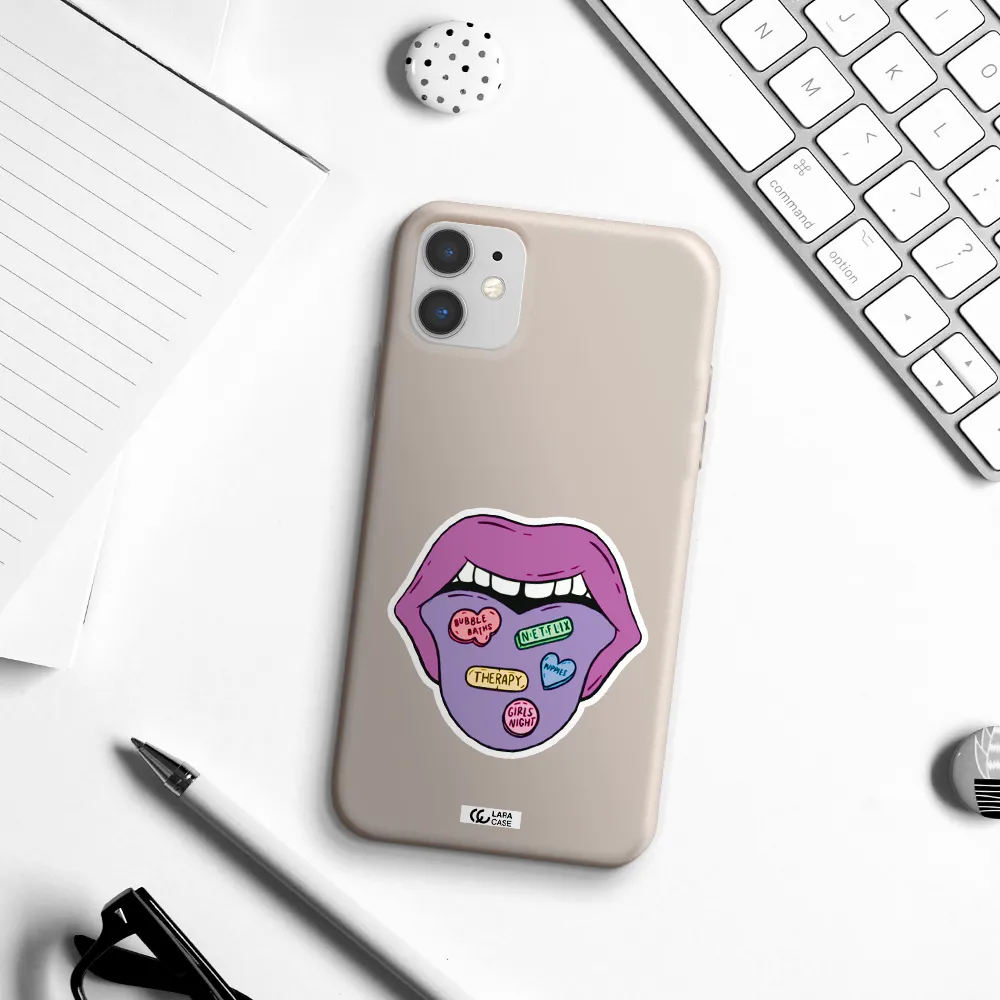 a purple lips with different colored hearts on it Apple iPhone 11 Silicone Stone Case