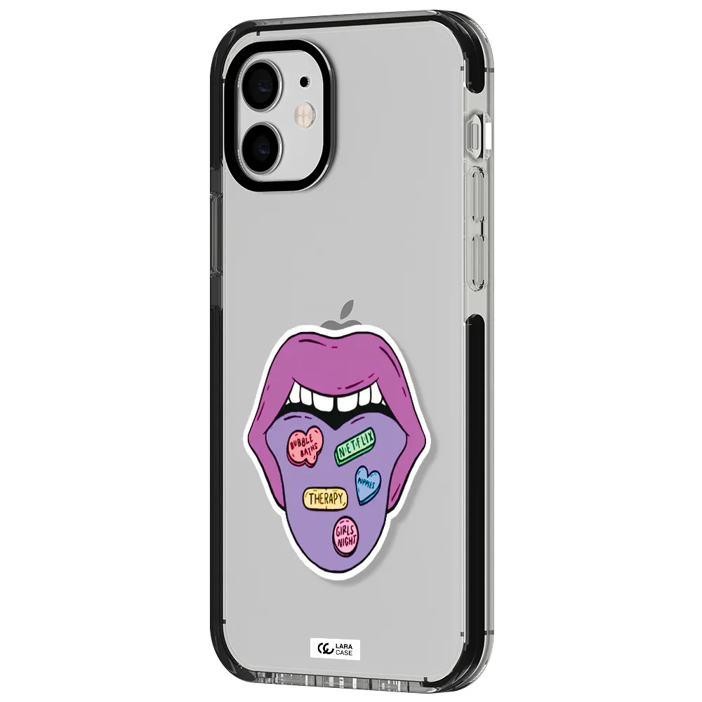 a purple lips with different colored hearts on it Apple iPhone 12 impact black border Case