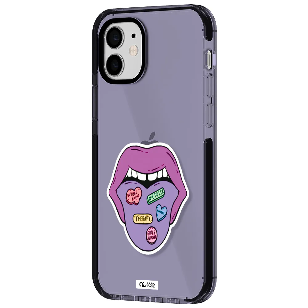 a purple lips with different colored hearts on it Apple iPhone 12 impact Lilac Case