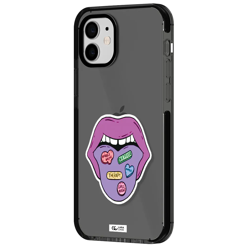a purple lips with different colored hearts on it Apple iPhone 12 impact Smoke Black Case