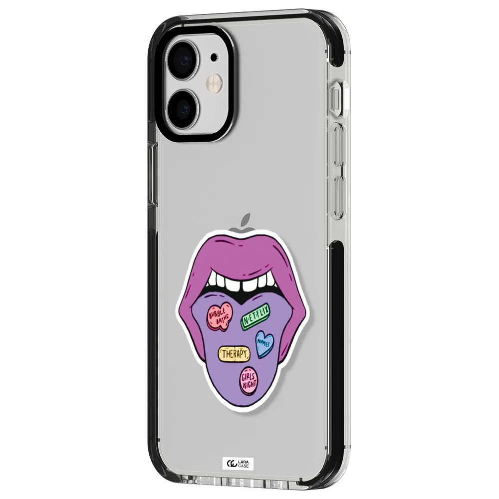 a purple lips with different colored hearts on it Apple iPhone 12 mini impact black border Case