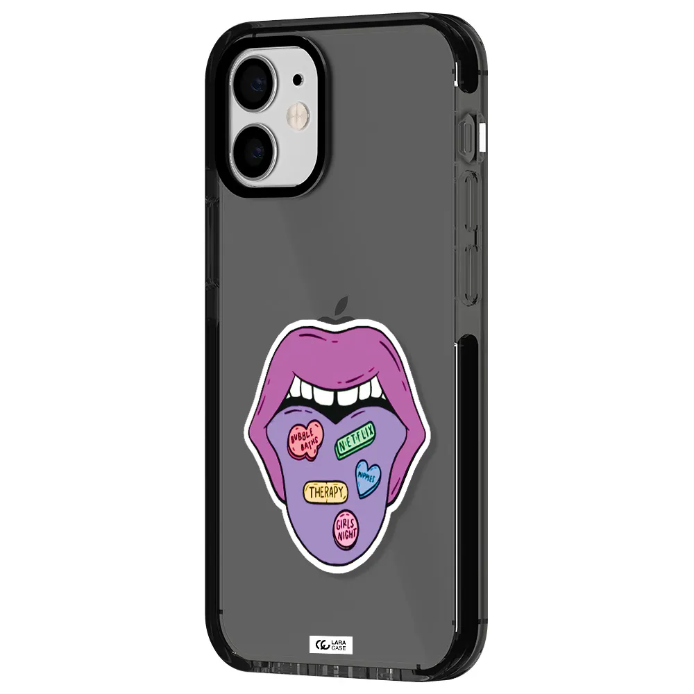 a purple lips with different colored hearts on it Apple iPhone 12 mini impact Smoke Black Case