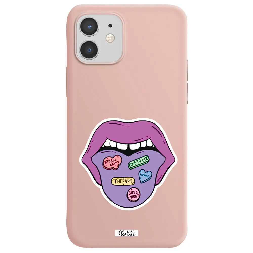 a purple lips with different colored hearts on it Apple iPhone 12 mini Silicone pastel pink Case