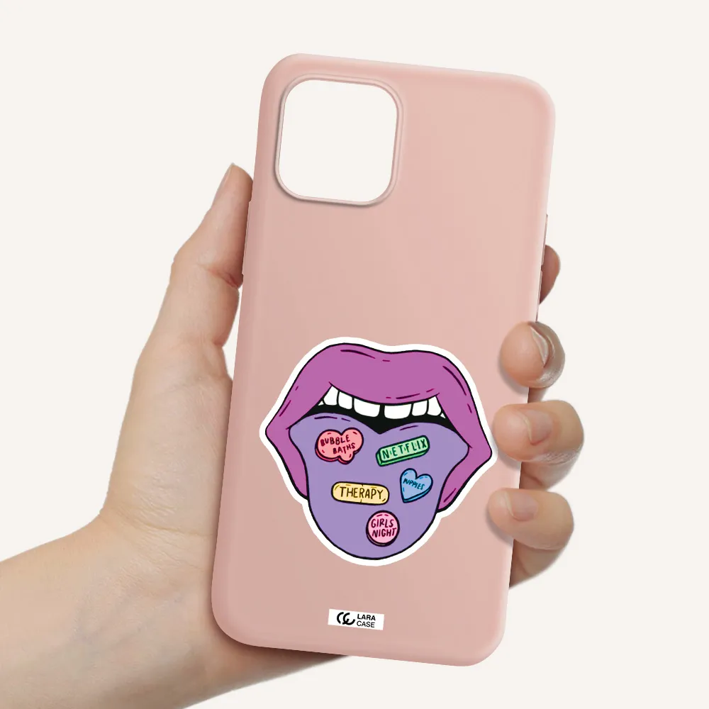a purple lips with different colored hearts on it Apple iPhone 12 mini Silicone pastel pink Case