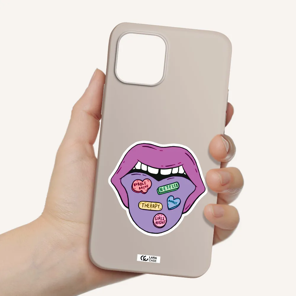 a purple lips with different colored hearts on it Apple iPhone 12 mini Silicone Stone Case