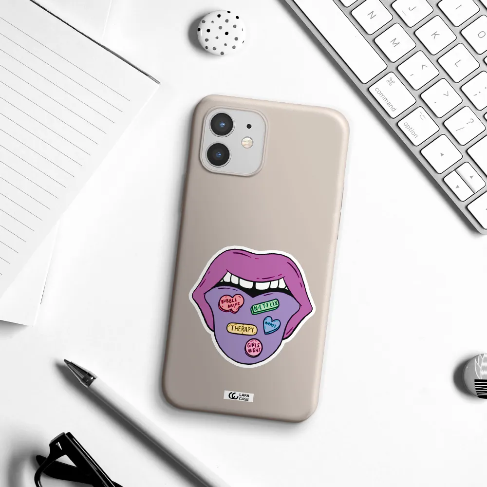 a purple lips with different colored hearts on it Apple iPhone 12 mini Silicone Stone Case