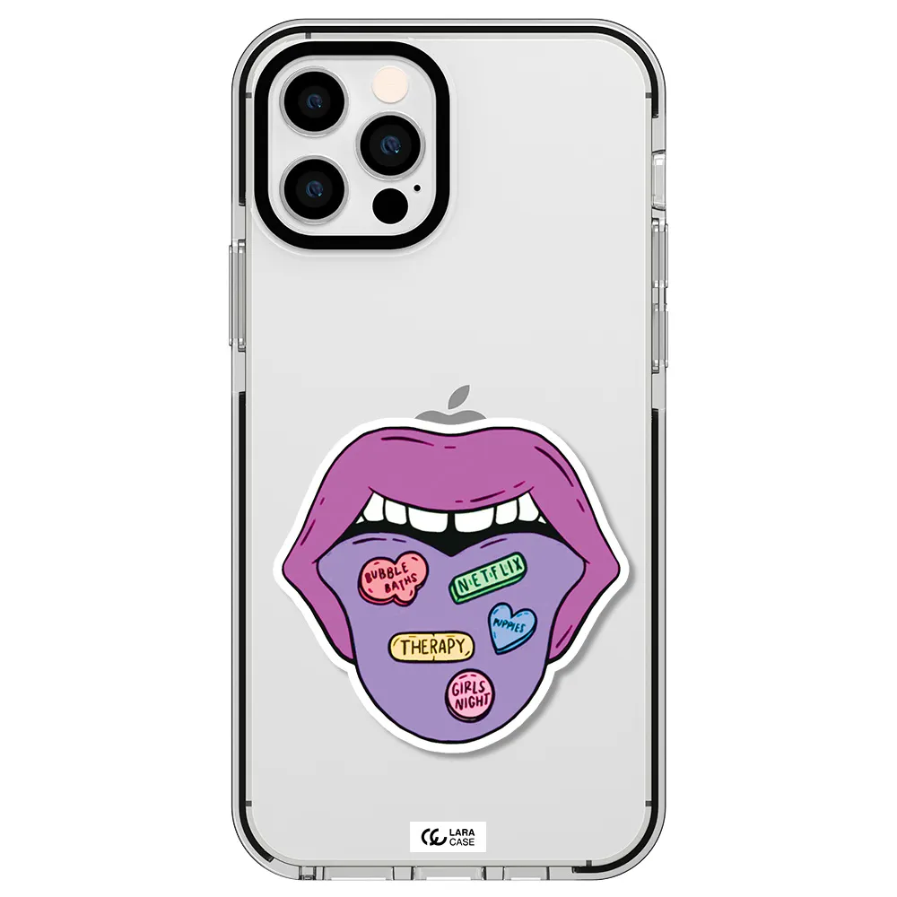 a purple lips with different colored hearts on it Apple iPhone 12 pro impact black border Case