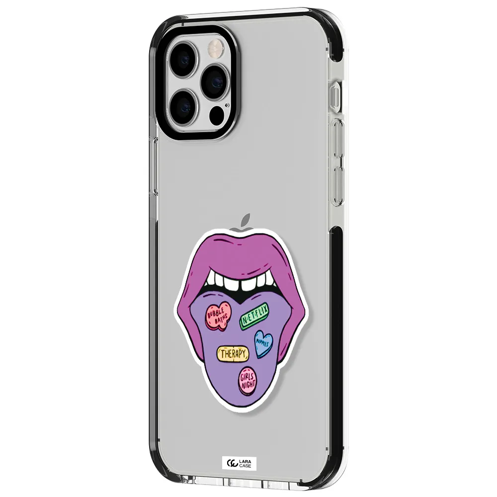 a purple lips with different colored hearts on it Apple iPhone 12 pro impact black border Case