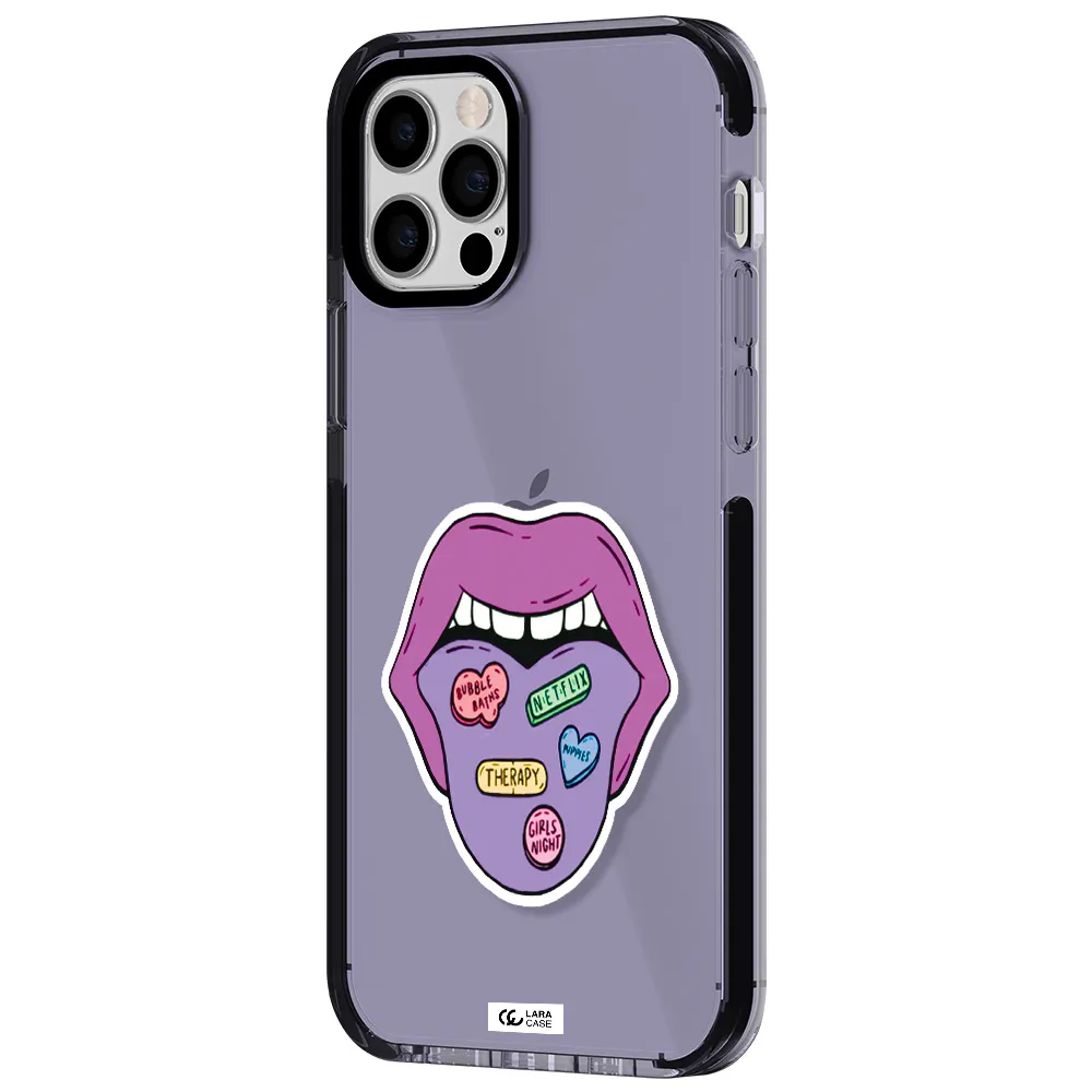 a purple lips with different colored hearts on it Apple iPhone 12 pro impact Lilac Case