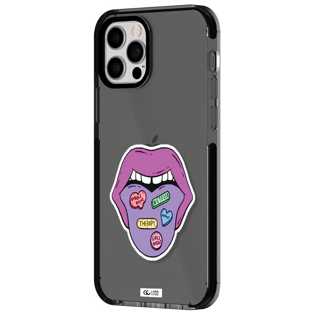 a purple lips with different colored hearts on it Apple iPhone 12 pro impact Smoke Black Case