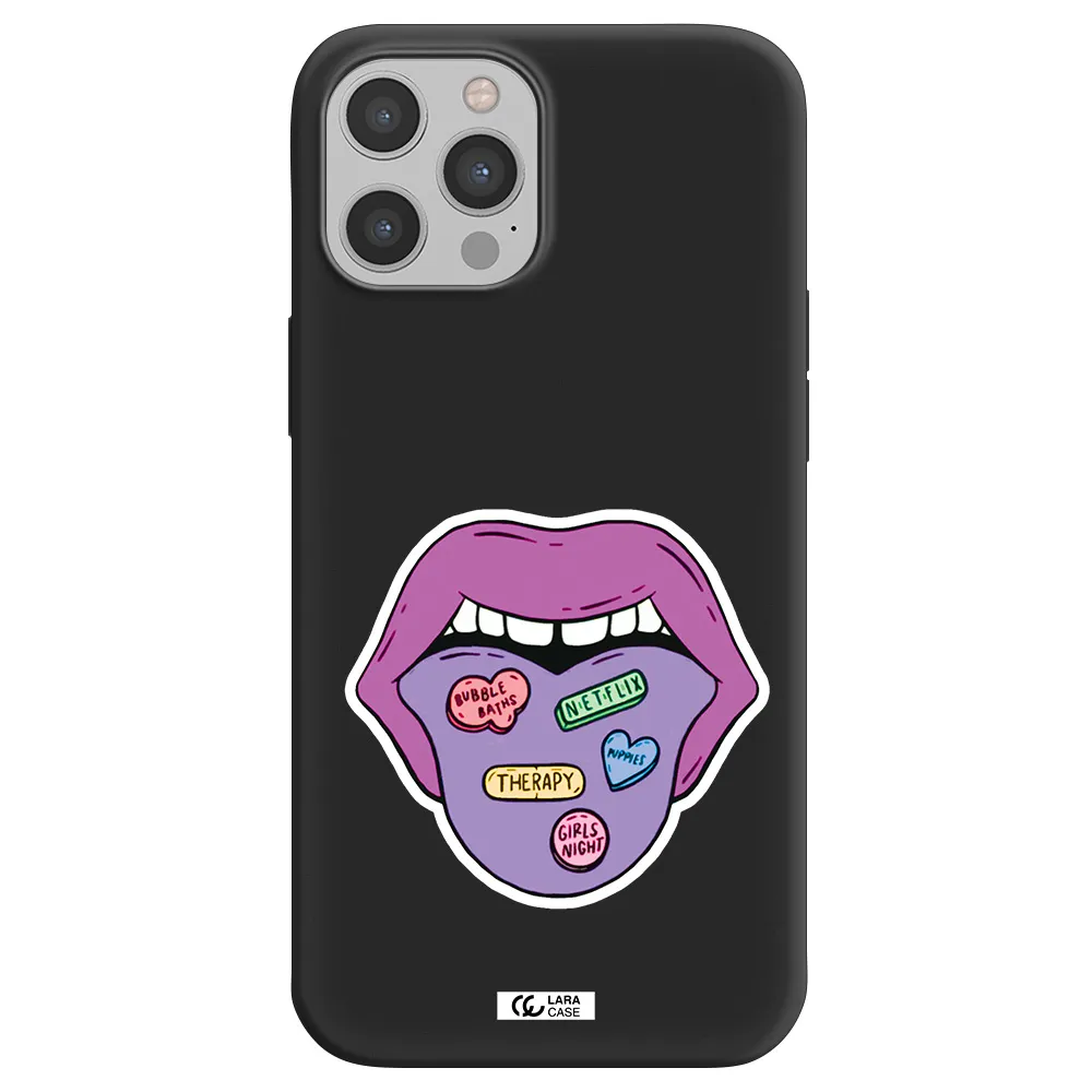 a purple lips with different colored hearts on it Apple iPhone 12 pro max Silicone black Case