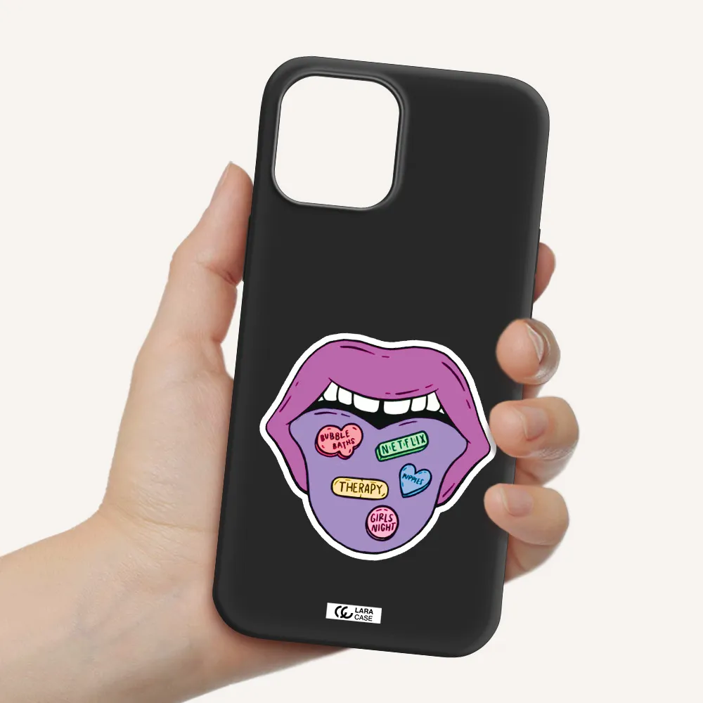 a purple lips with different colored hearts on it Apple iPhone 12 pro max Silicone black Case