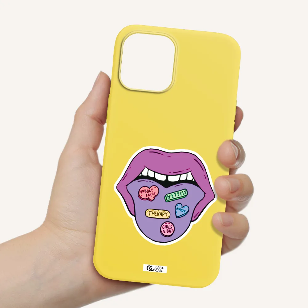 a purple lips with different colored hearts on it Apple iPhone 12 pro max Silicone canary yellow Case