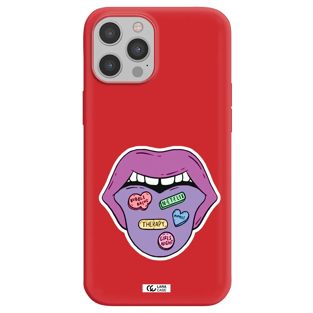 a purple lips with different colored hearts on it Apple iPhone 12 pro max Silicone Imperial Red Case
