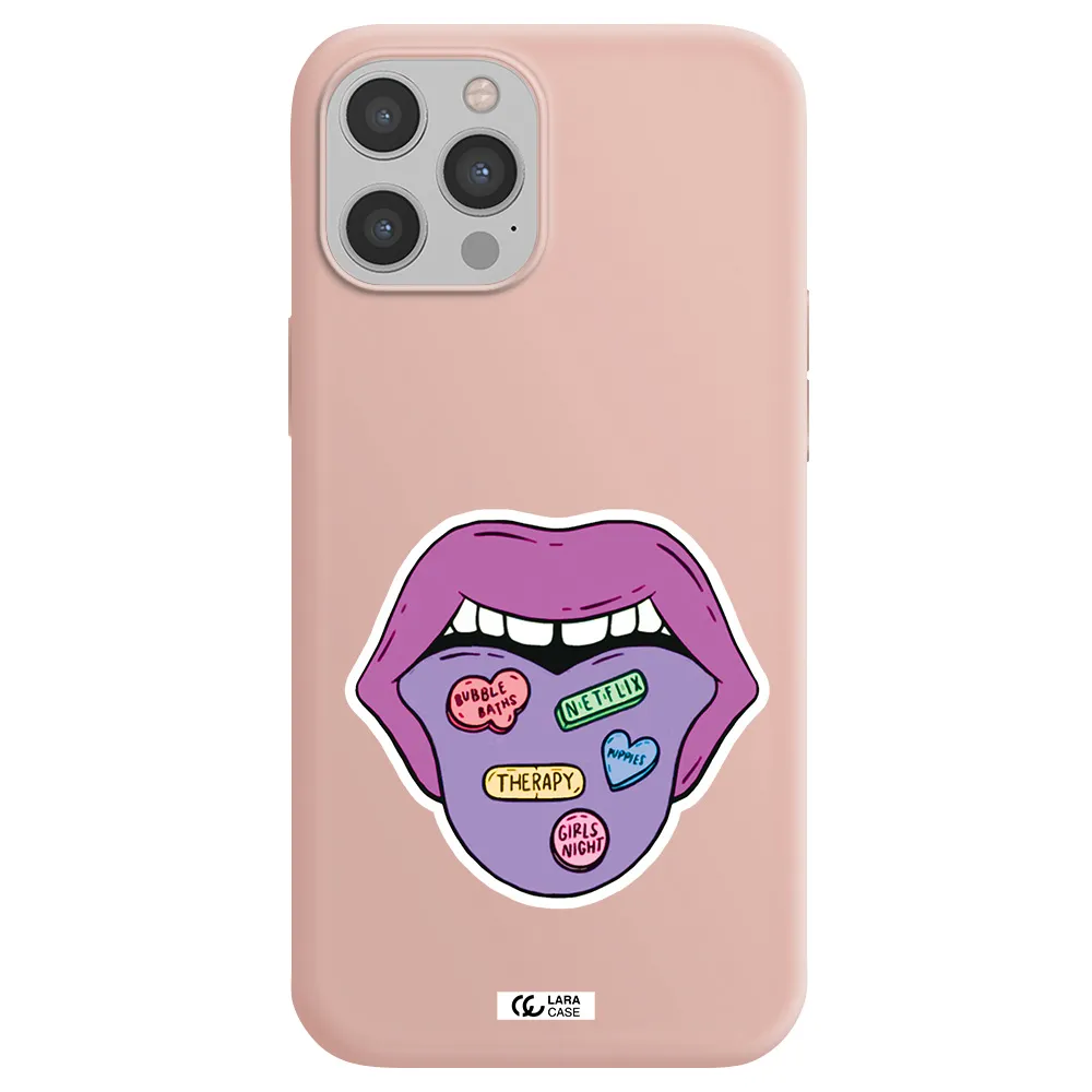 a purple lips with different colored hearts on it Apple iPhone 12 pro max Silicone pastel pink Case