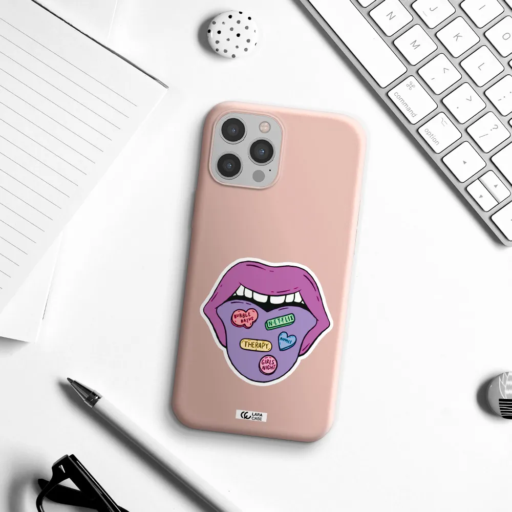 a purple lips with different colored hearts on it Apple iPhone 12 pro max Silicone pastel pink Case
