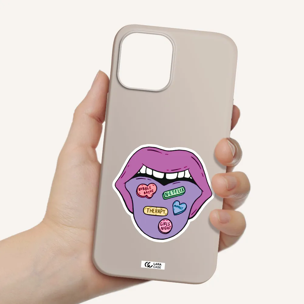 a purple lips with different colored hearts on it Apple iPhone 12 pro max Silicone Stone Case