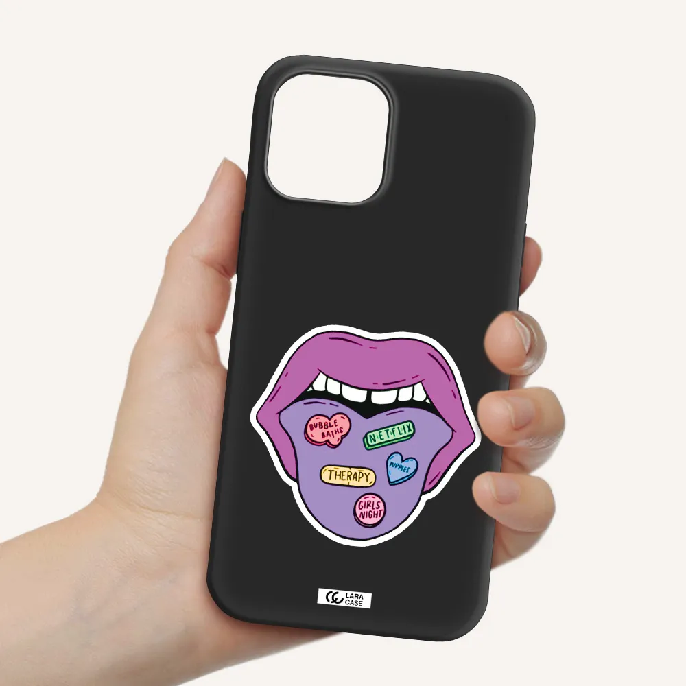 a purple lips with different colored hearts on it Apple iPhone 12 pro Silicone black Case