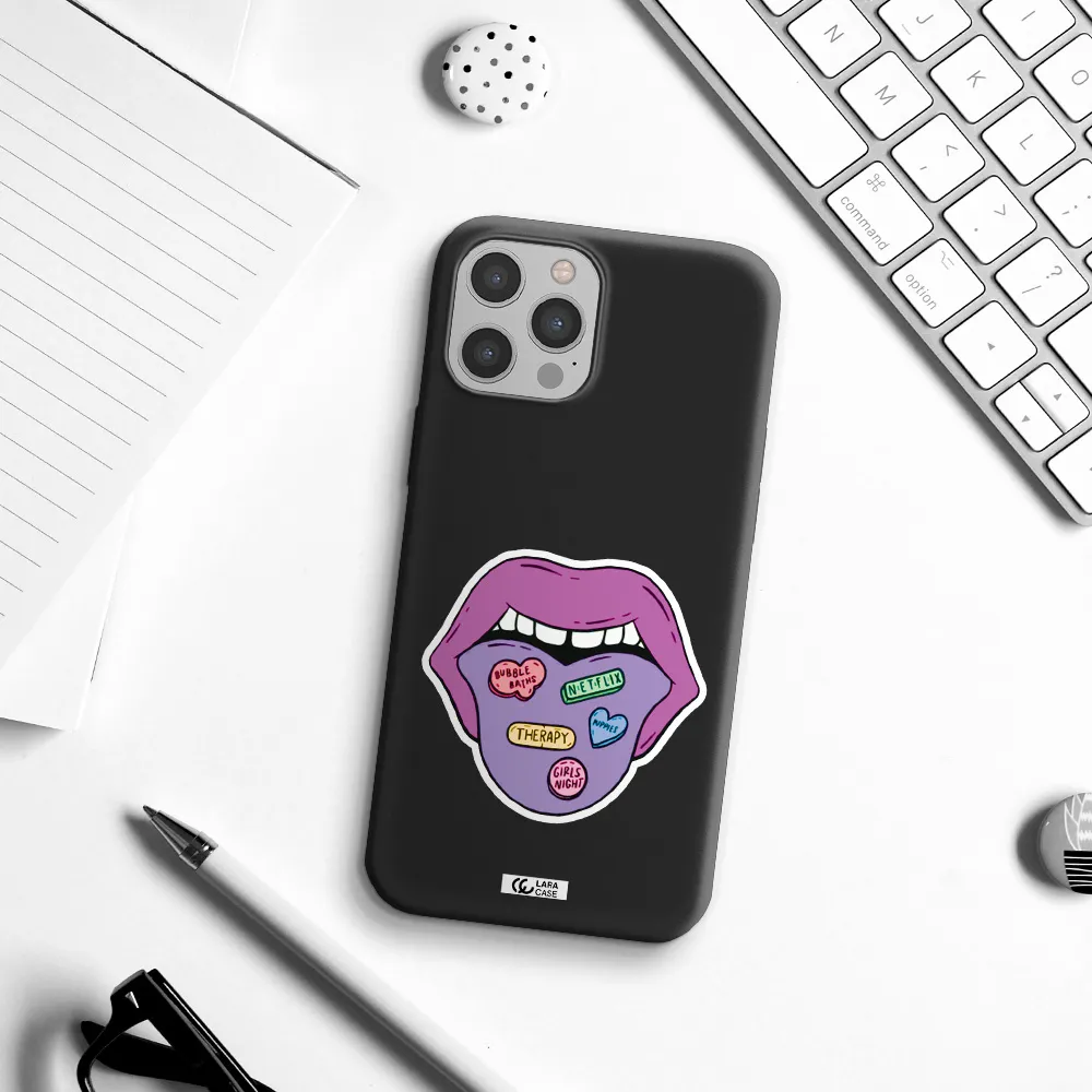 a purple lips with different colored hearts on it Apple iPhone 12 pro Silicone black Case
