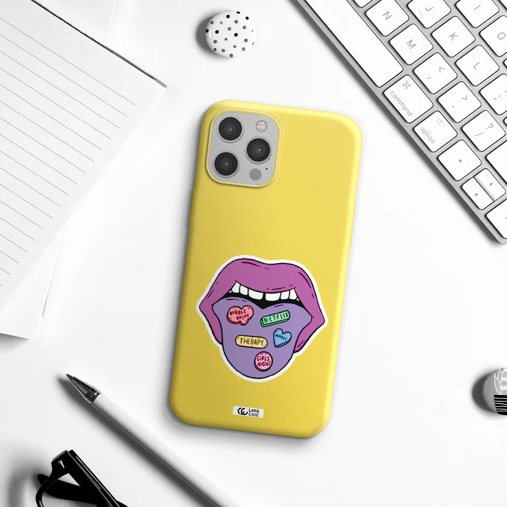 a purple lips with different colored hearts on it Apple iPhone 12 pro Silicone canary yellow Case