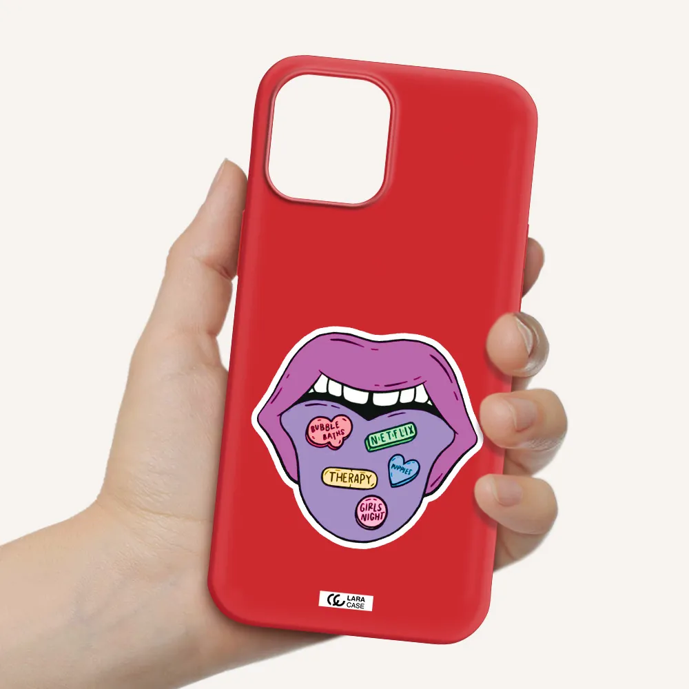 a purple lips with different colored hearts on it Apple iPhone 12 pro Silicone Imperial Red Case