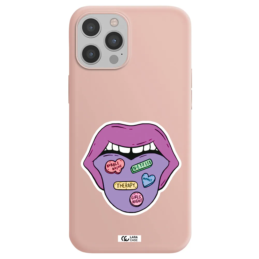 a purple lips with different colored hearts on it Apple iPhone 12 pro Silicone pastel pink Case