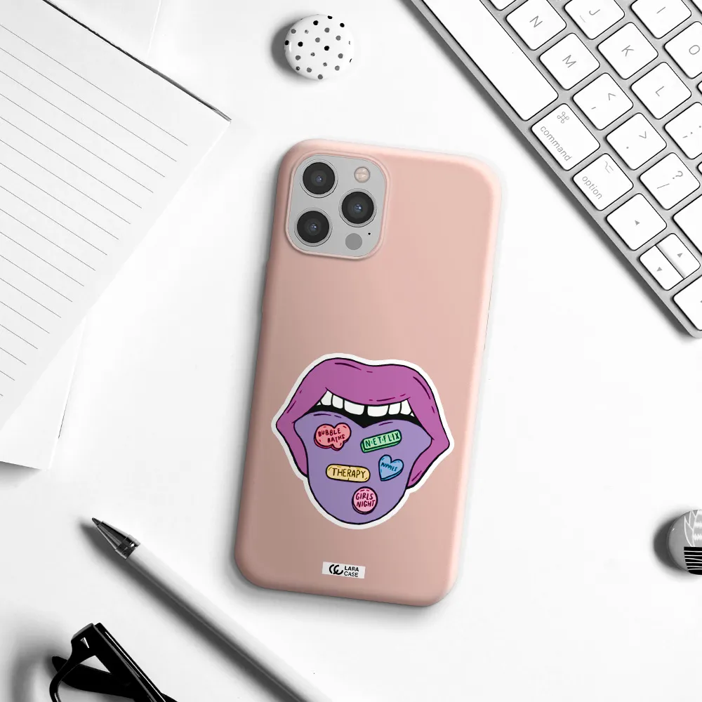 a purple lips with different colored hearts on it Apple iPhone 12 pro Silicone pastel pink Case