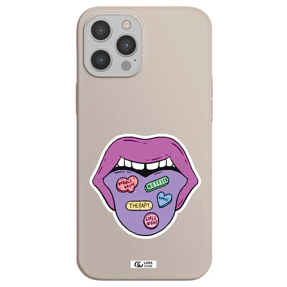 a purple lips with different colored hearts on it Apple iPhone 12 pro Silicone Stone Case