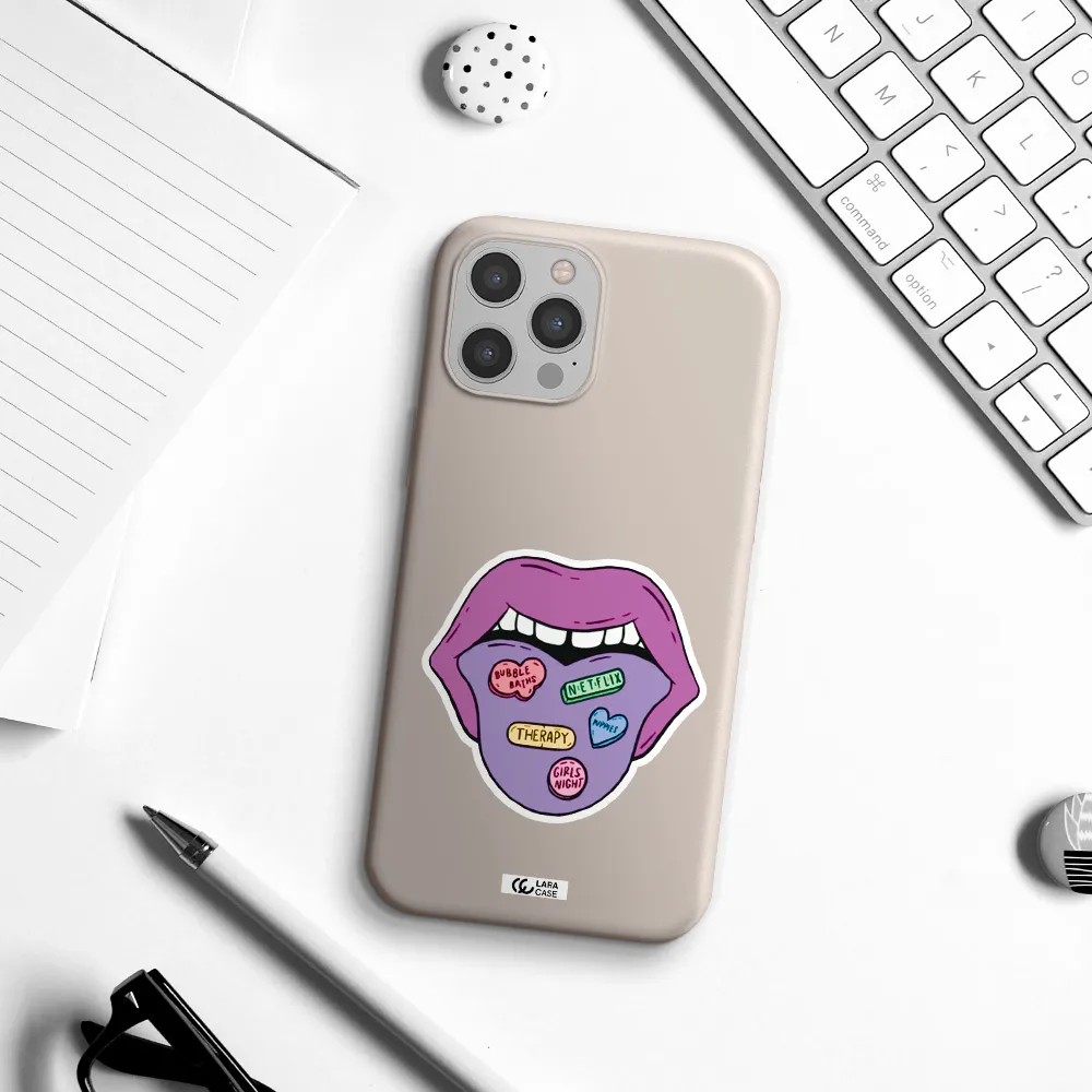 a purple lips with different colored hearts on it Apple iPhone 12 pro Silicone Stone Case