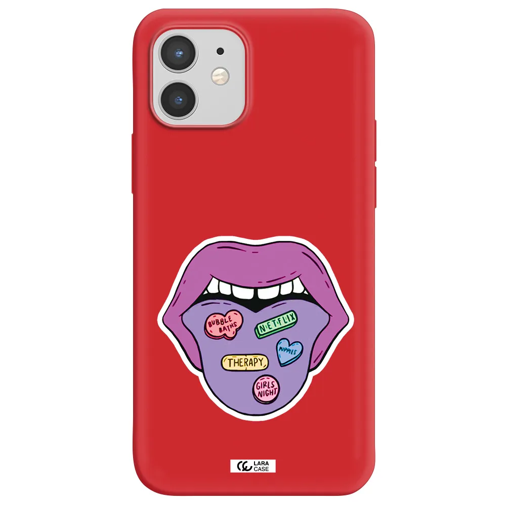 a purple lips with different colored hearts on it Apple iPhone 12 Silicone Imperial Red Case
