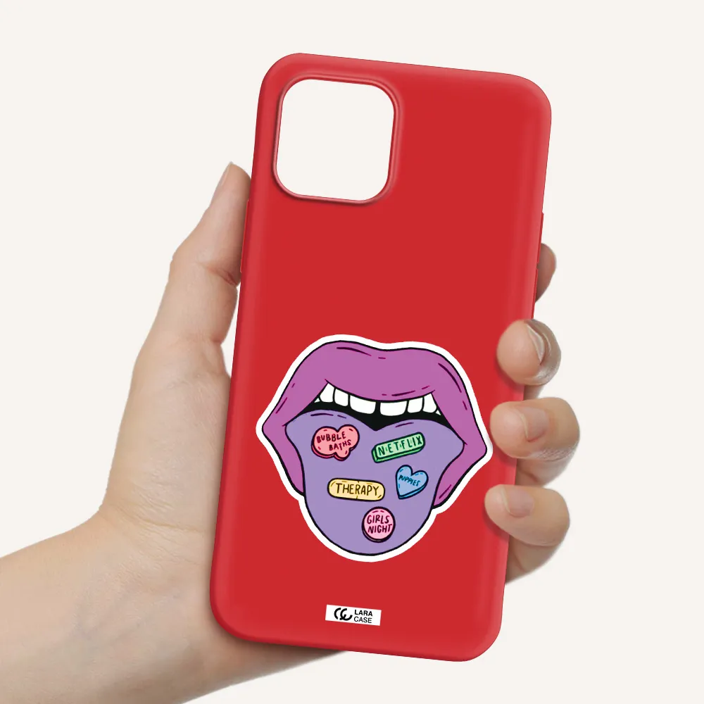 a purple lips with different colored hearts on it Apple iPhone 12 Silicone Imperial Red Case