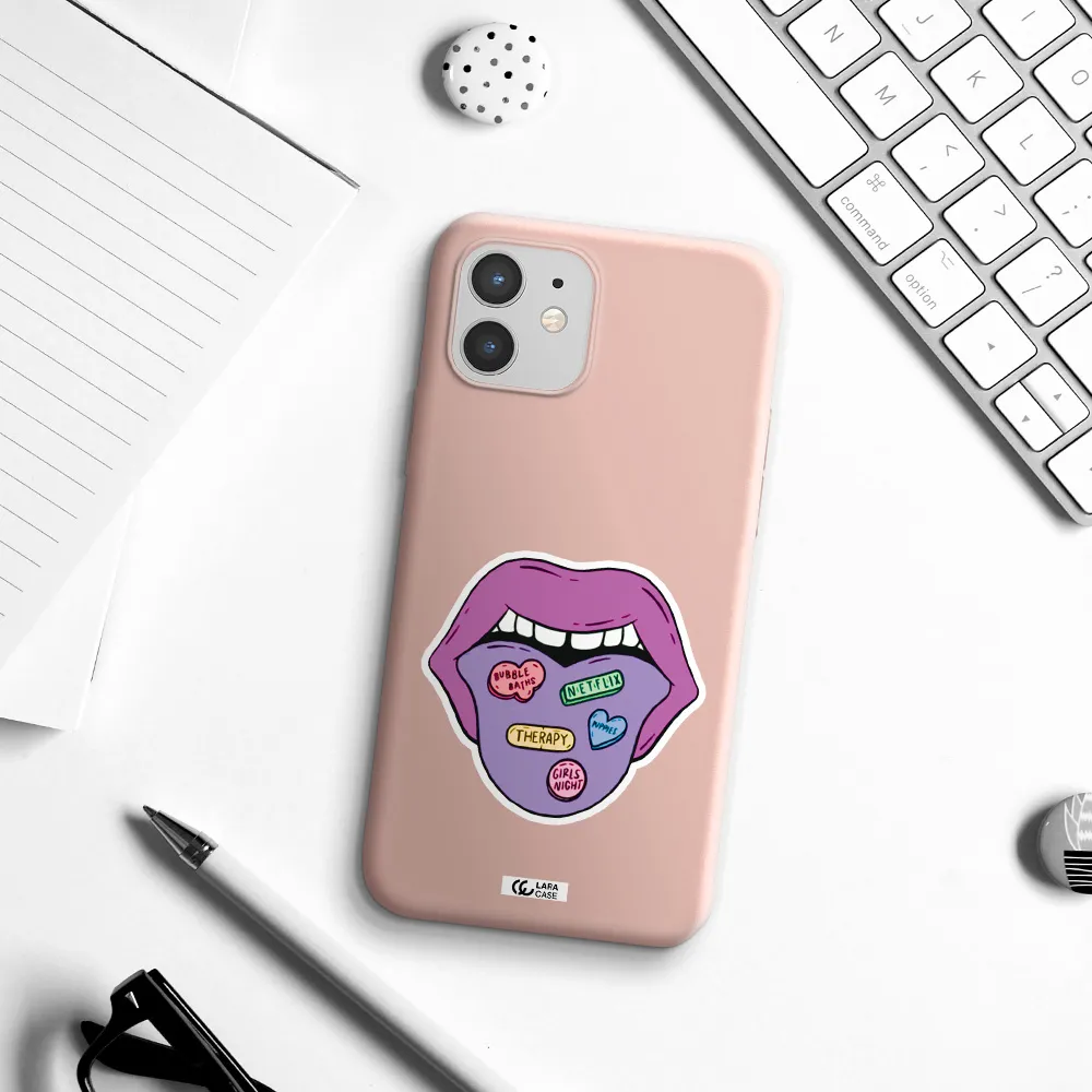 a purple lips with different colored hearts on it Apple iPhone 12 Silicone pastel pink Case