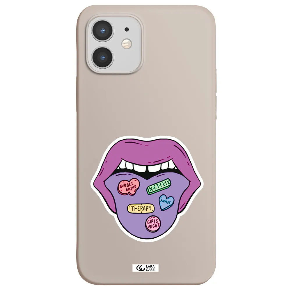 a purple lips with different colored hearts on it Apple iPhone 12 Silicone Stone Case