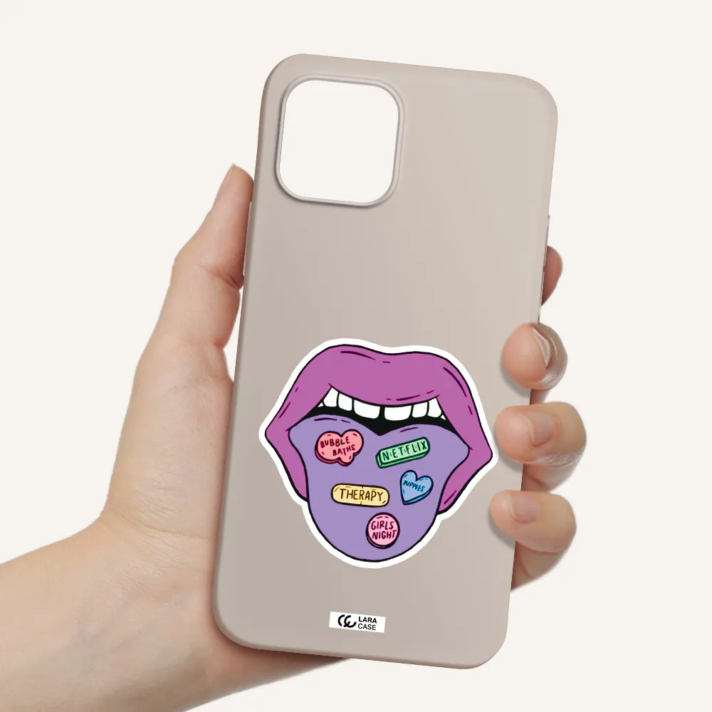 a purple lips with different colored hearts on it Apple iPhone 12 Silicone Stone Case