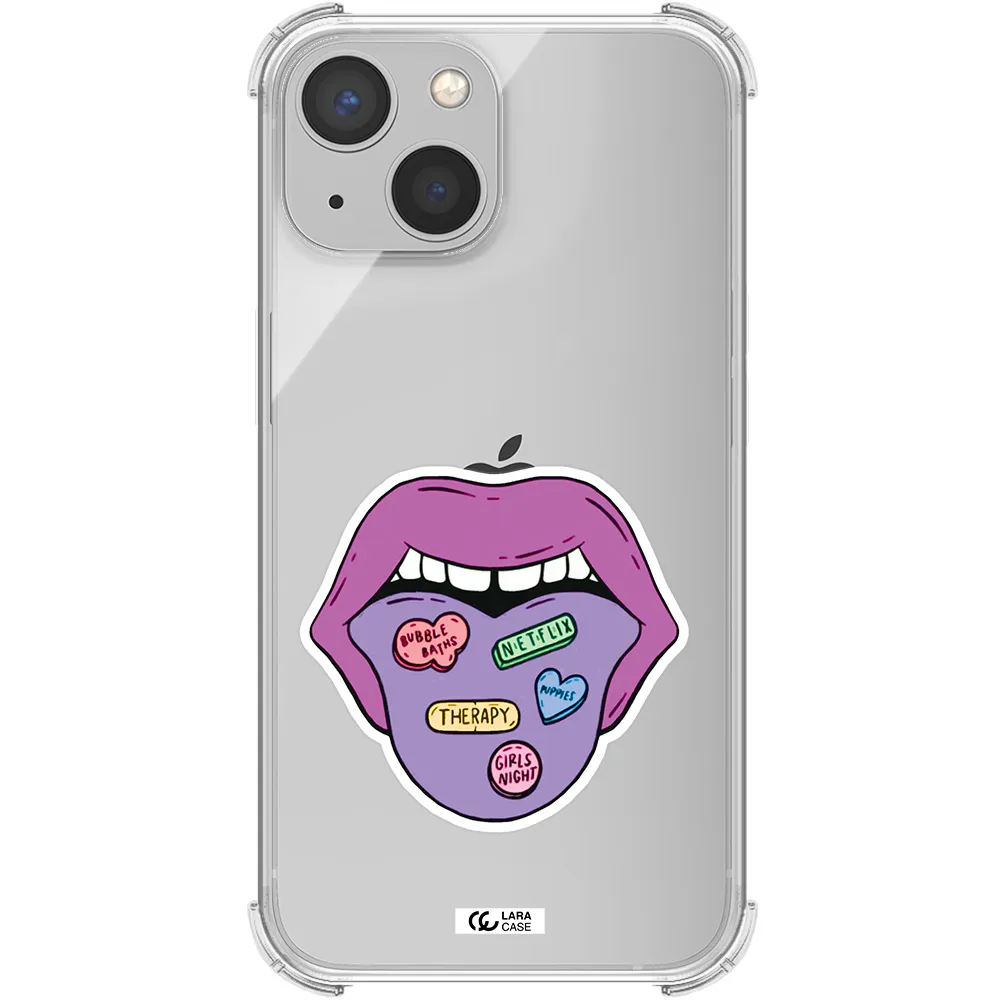 a purple lips with different colored hearts on it Apple iPhone 13 Clear PC Case