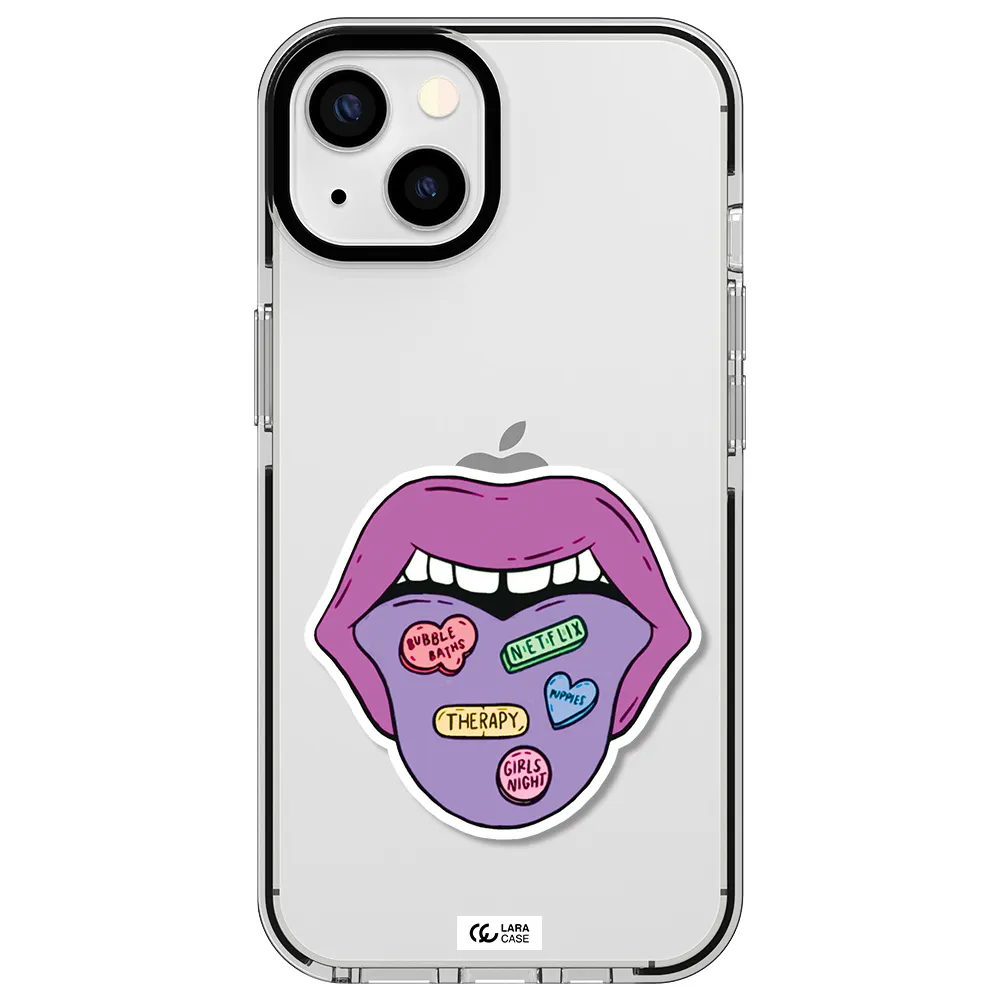 a purple lips with different colored hearts on it Apple iPhone 13 impact black border Case