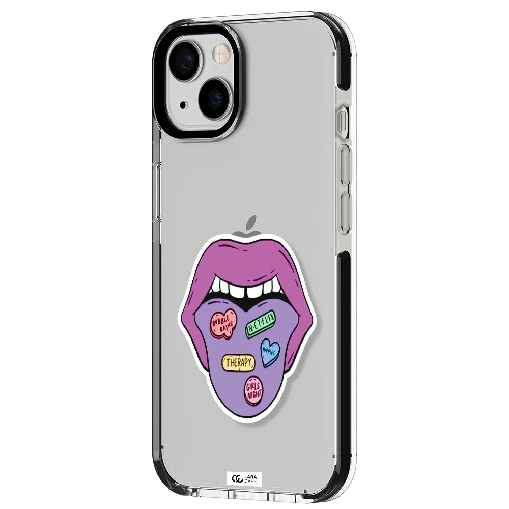 a purple lips with different colored hearts on it Apple iPhone 13 impact black border Case