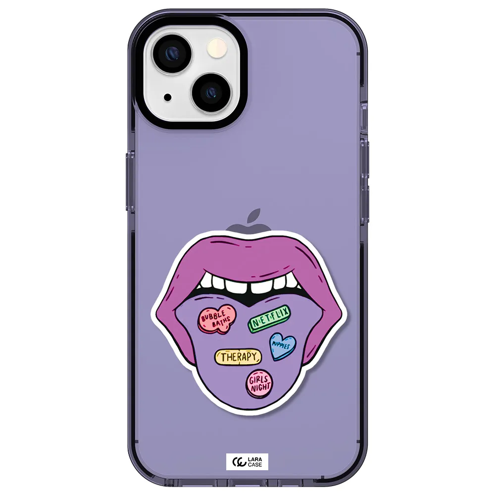 a purple lips with different colored hearts on it Apple iPhone 13 impact Lilac Case