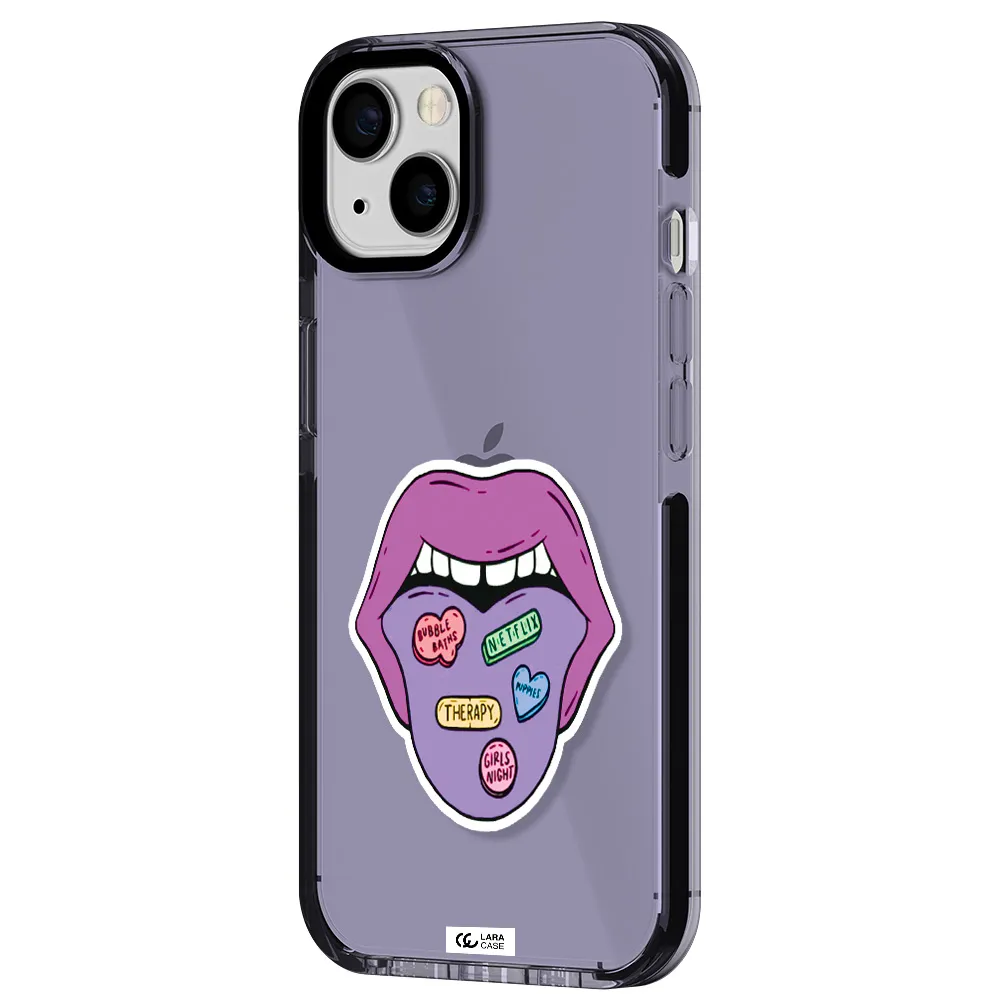 a purple lips with different colored hearts on it Apple iPhone 13 impact Lilac Case