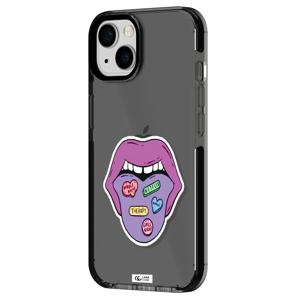 a purple lips with different colored hearts on it Apple iPhone 13 impact Smoke Black Case