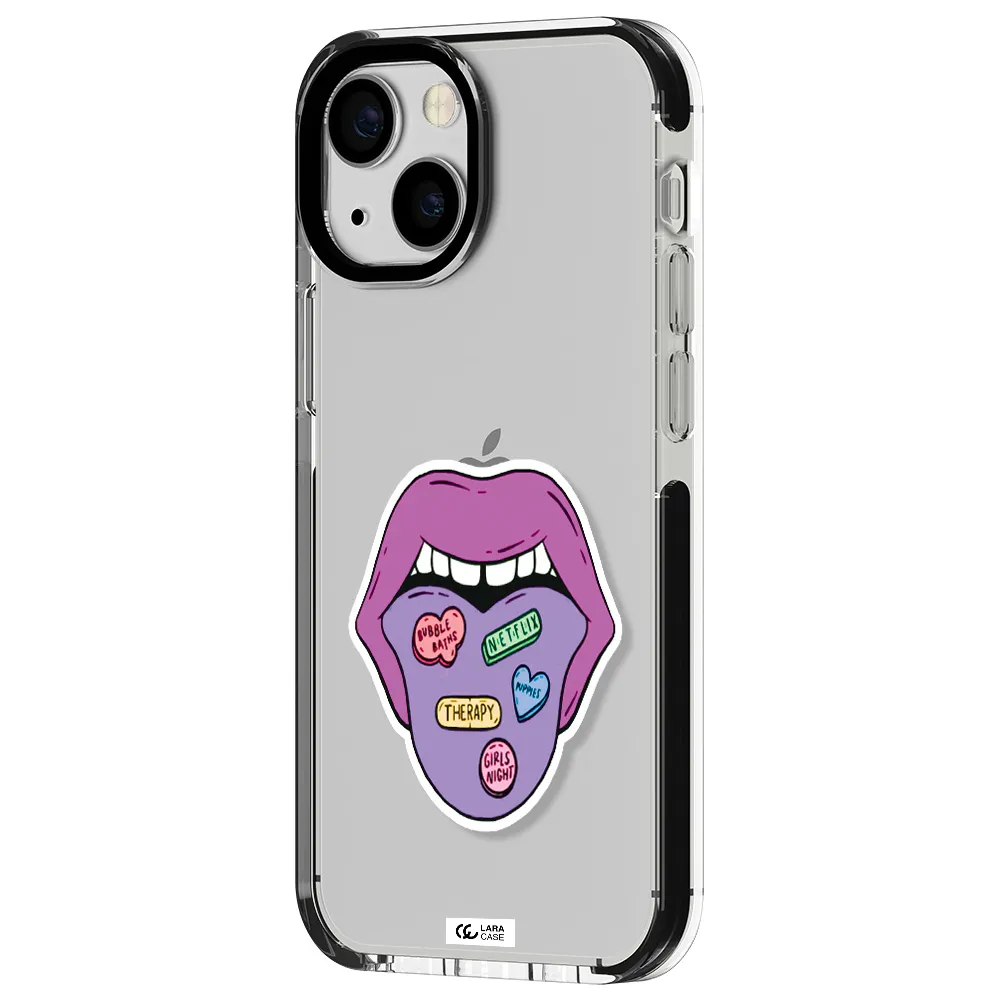 a purple lips with different colored hearts on it Apple iPhone 13 mini impact black border Case
