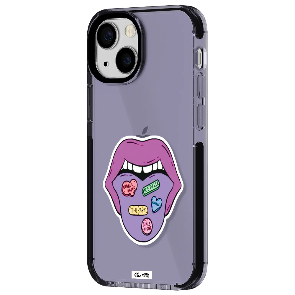 a purple lips with different colored hearts on it Apple iPhone 13 mini impact Lilac Case