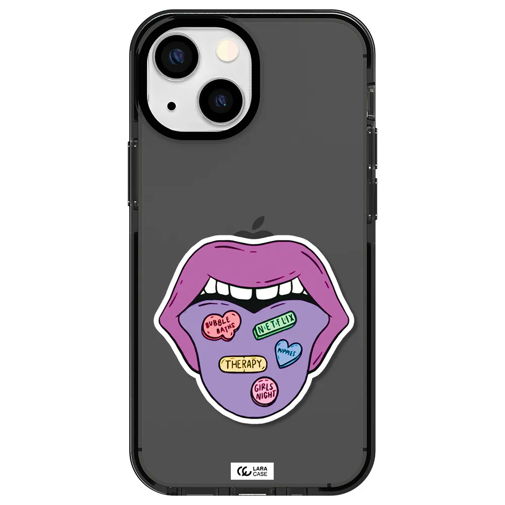 a purple lips with different colored hearts on it Apple iPhone 13 mini impact Smoke Black Case
