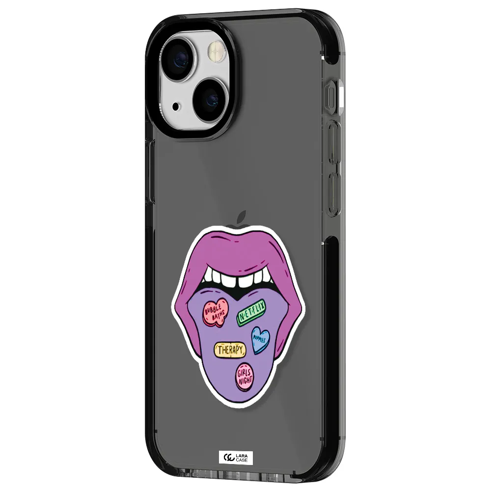 a purple lips with different colored hearts on it Apple iPhone 13 mini impact Smoke Black Case